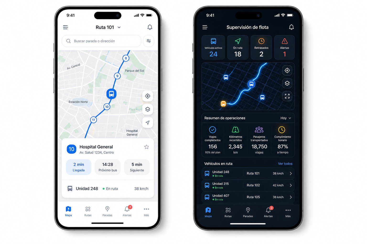 Mobile fleet tracking application with maps and real-time supervision