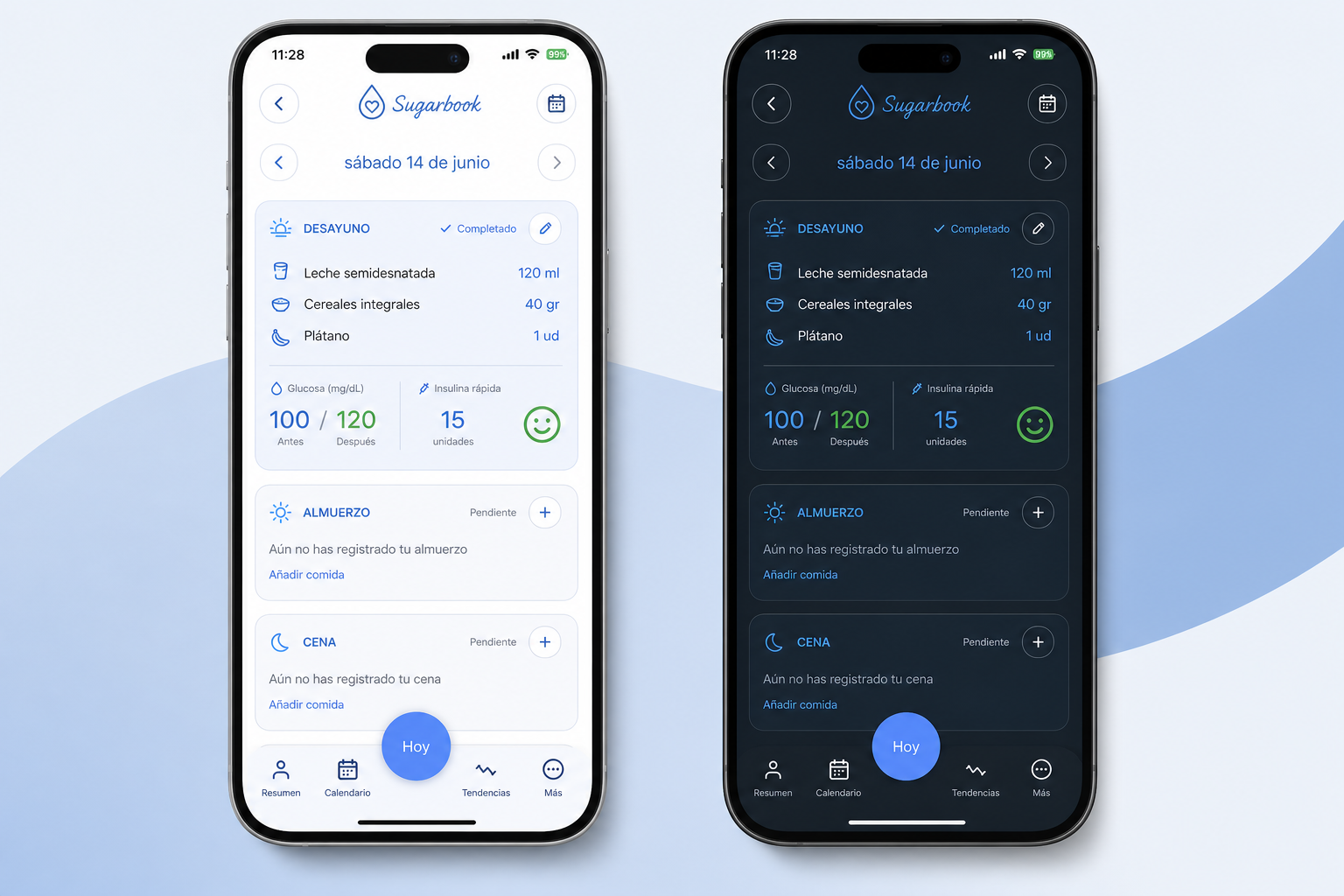 Sugarbook meals screen with recorded breakfast and correct control values